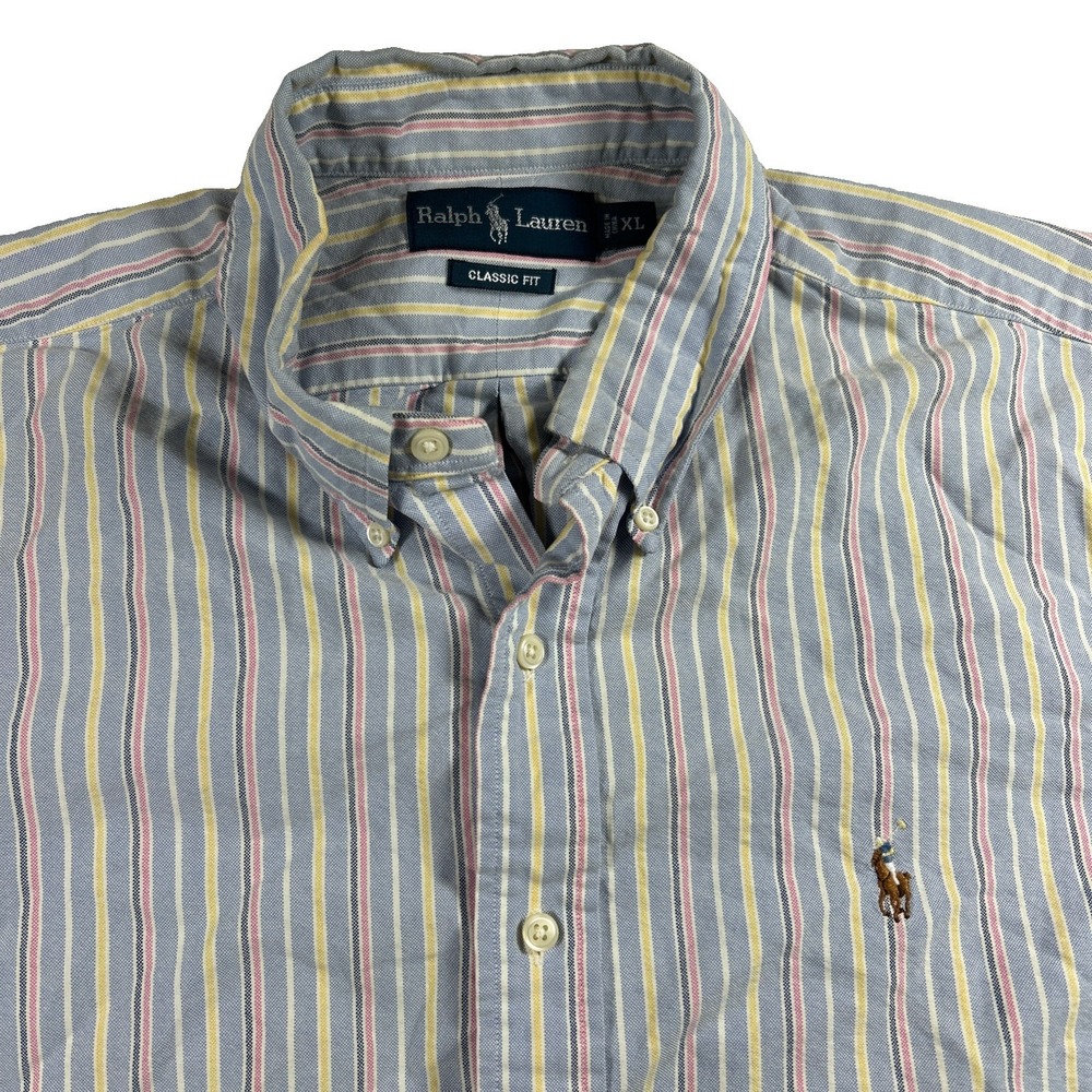 Vintage Ralph Lauren Classic Fit Button Down Shirt XL Blue Stripe Short Sleeve
